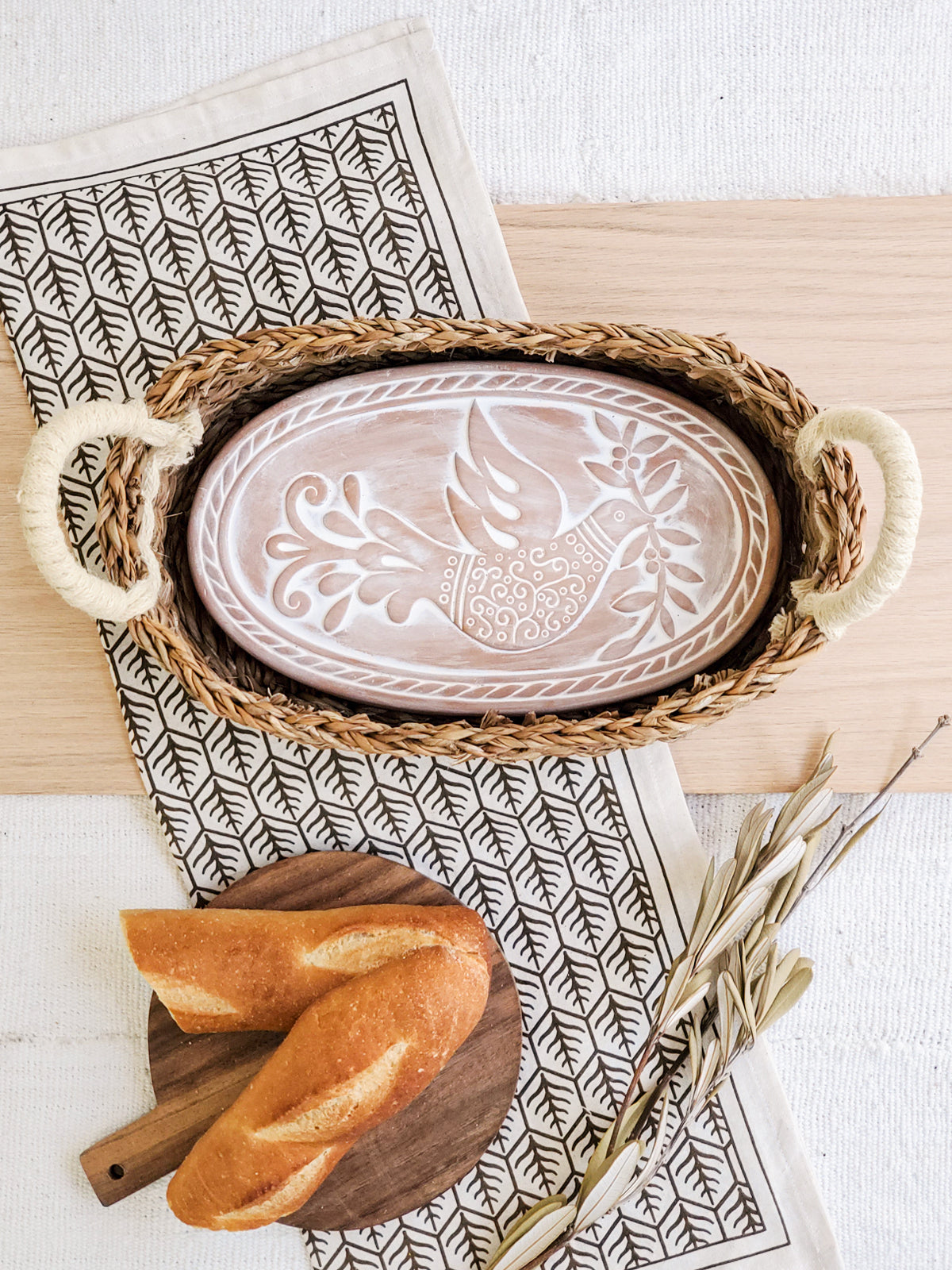 Terracotta Bread Warmer & Seagrass Basket with Tea Towel | Bird & Leaf | KORISSA
