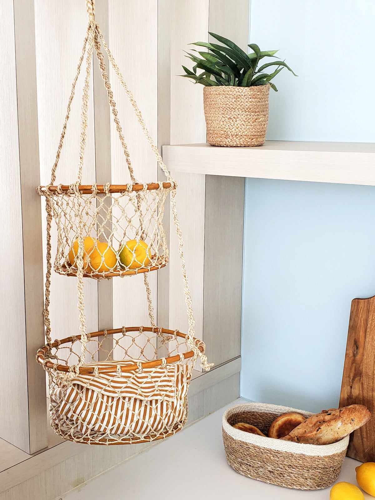 Jhuri Double Hanging Basket | Bamboo & Macramé | Two-Tier | KORISSA