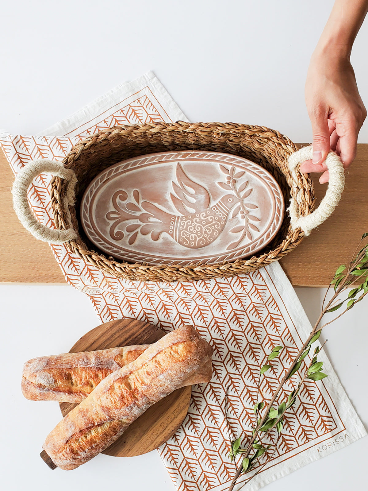 Terracotta Bread Warmer & Seagrass Basket with Tea Towel | Bird & Leaf | KORISSA