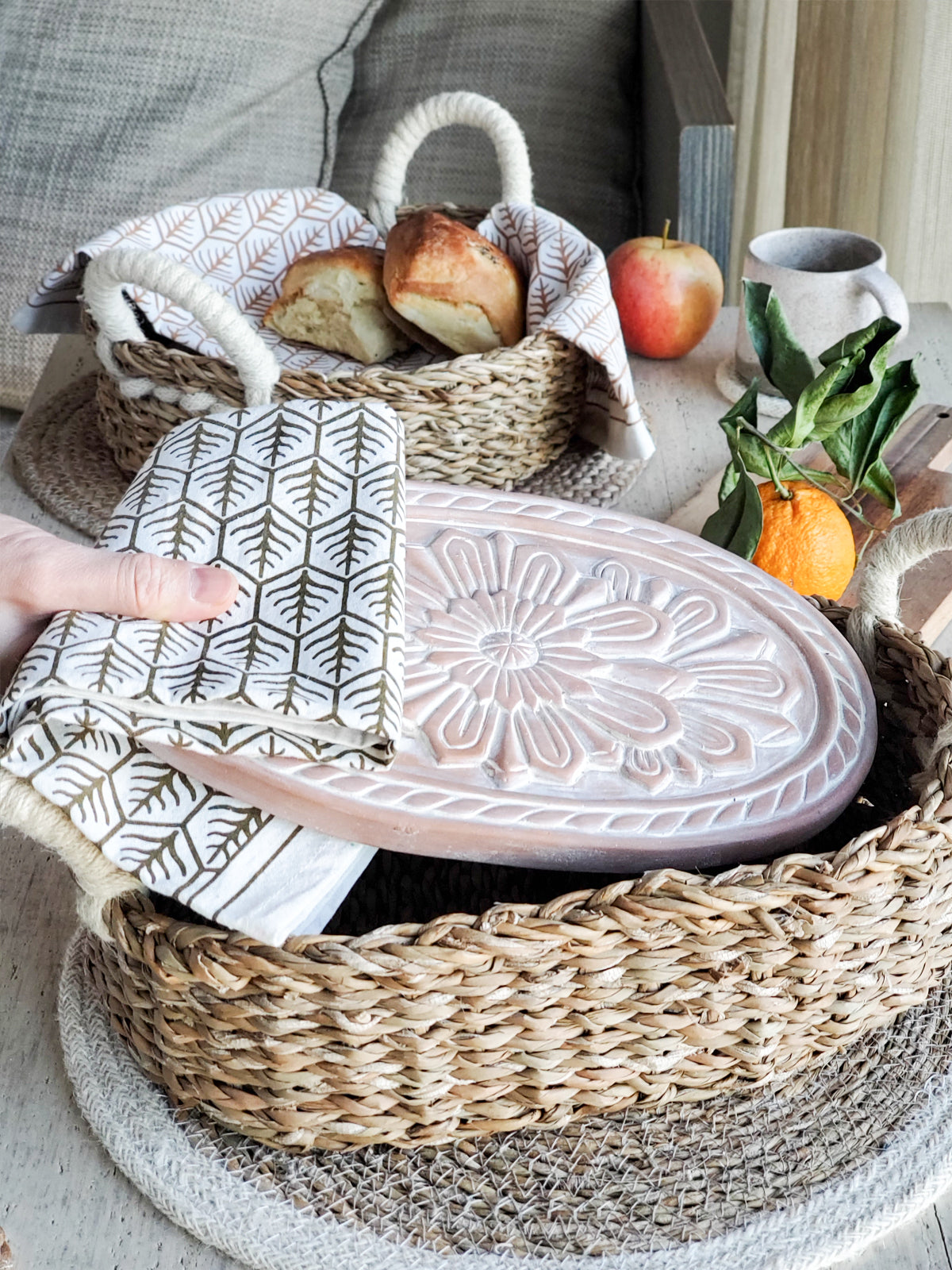Terracotta Bread Warmer & Basket Gift Set with Tea Towel | Mandala Flower | KORISSA