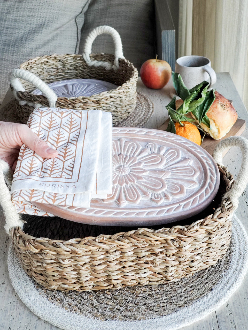 Terracotta Bread Warmer & Basket Gift Set with Tea Towel | Mandala Flower | KORISSA