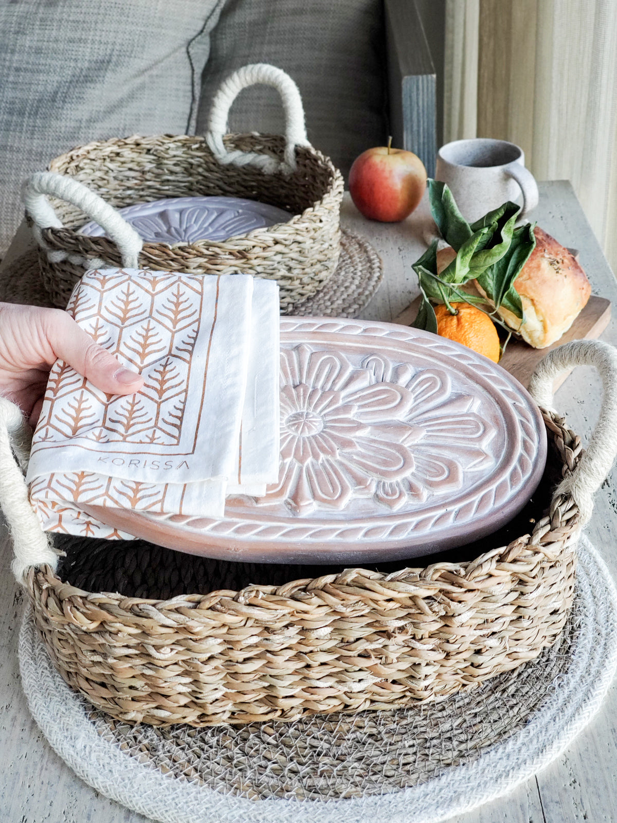 Terracotta Bread Warmer & Basket Gift Set with Tea Towel | Mandala Flower | KORISSA