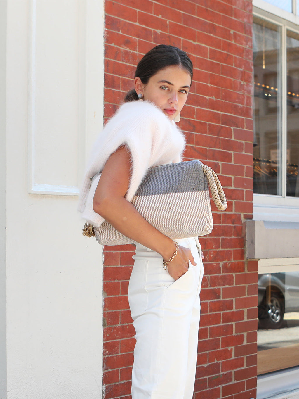 Block A Clutch | Handwoven Jute-Cotton Clutch Bag | Gray-White | KORISSA