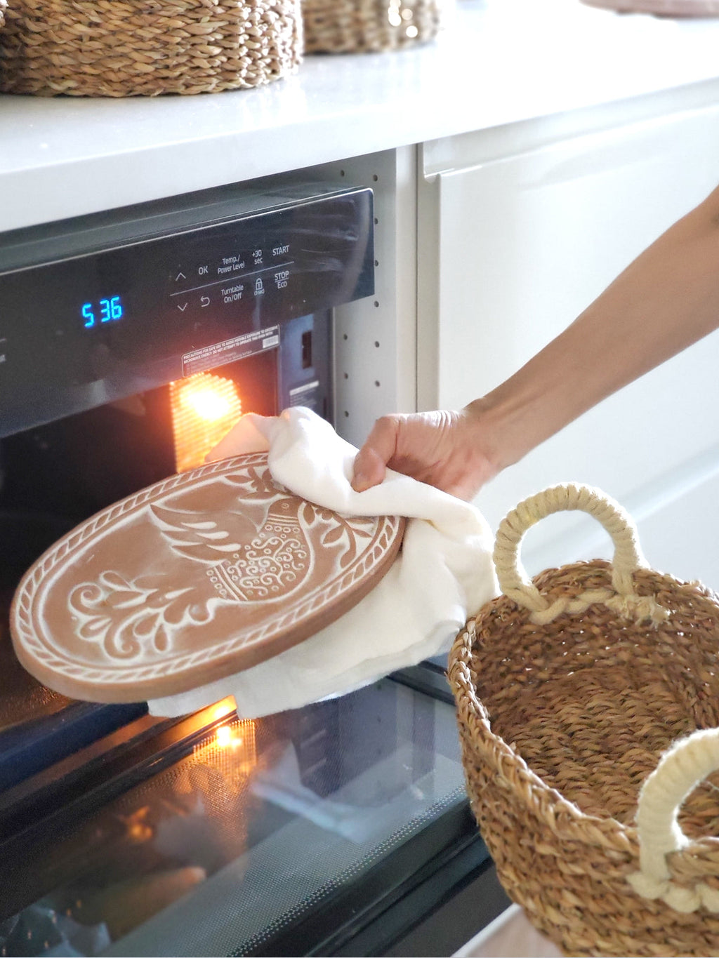 Terracotta Bread Warmer & Seagrass Basket with Tea Towel | Bird & Leaf | KORISSA