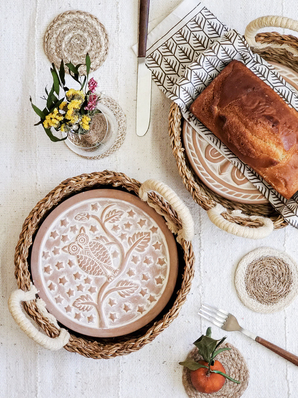 Terracotta Bread Warmer & Seagrass Basket with Tea Towel | Owl | KORISSA
