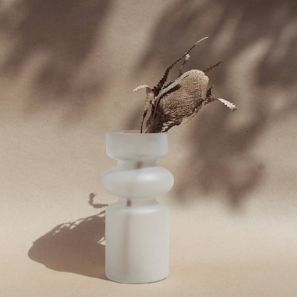 Sculptural Frosted Glass Vase | Toroid Stack Form | Frosted White | Fleck India