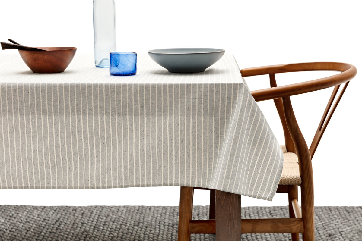 Grey Stripe Tablecloth | 62% Upcycled Cotton | Pinstripe | 3 Sizes | Grey Striped