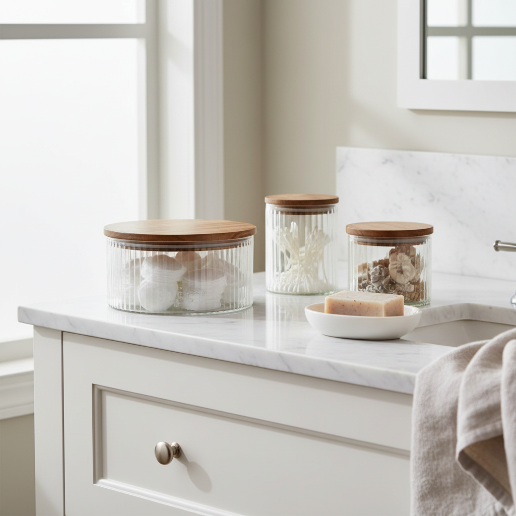 Fluted Glass Storage Jars with Acacia Lids | Set of 3 | Fleck India