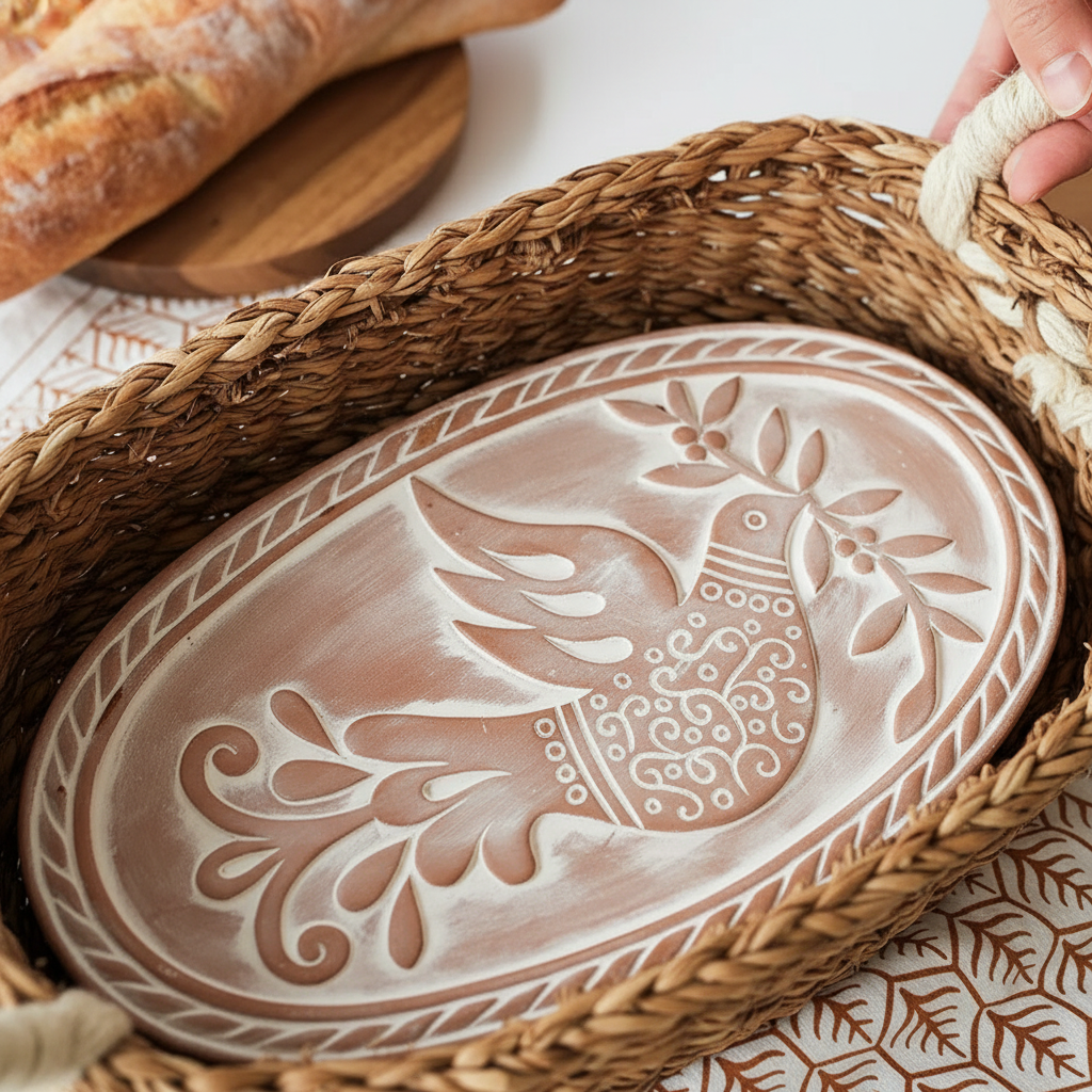 Terracotta Bread Warmer & Seagrass Basket with Tea Towel | Bird & Leaf | KORISSA