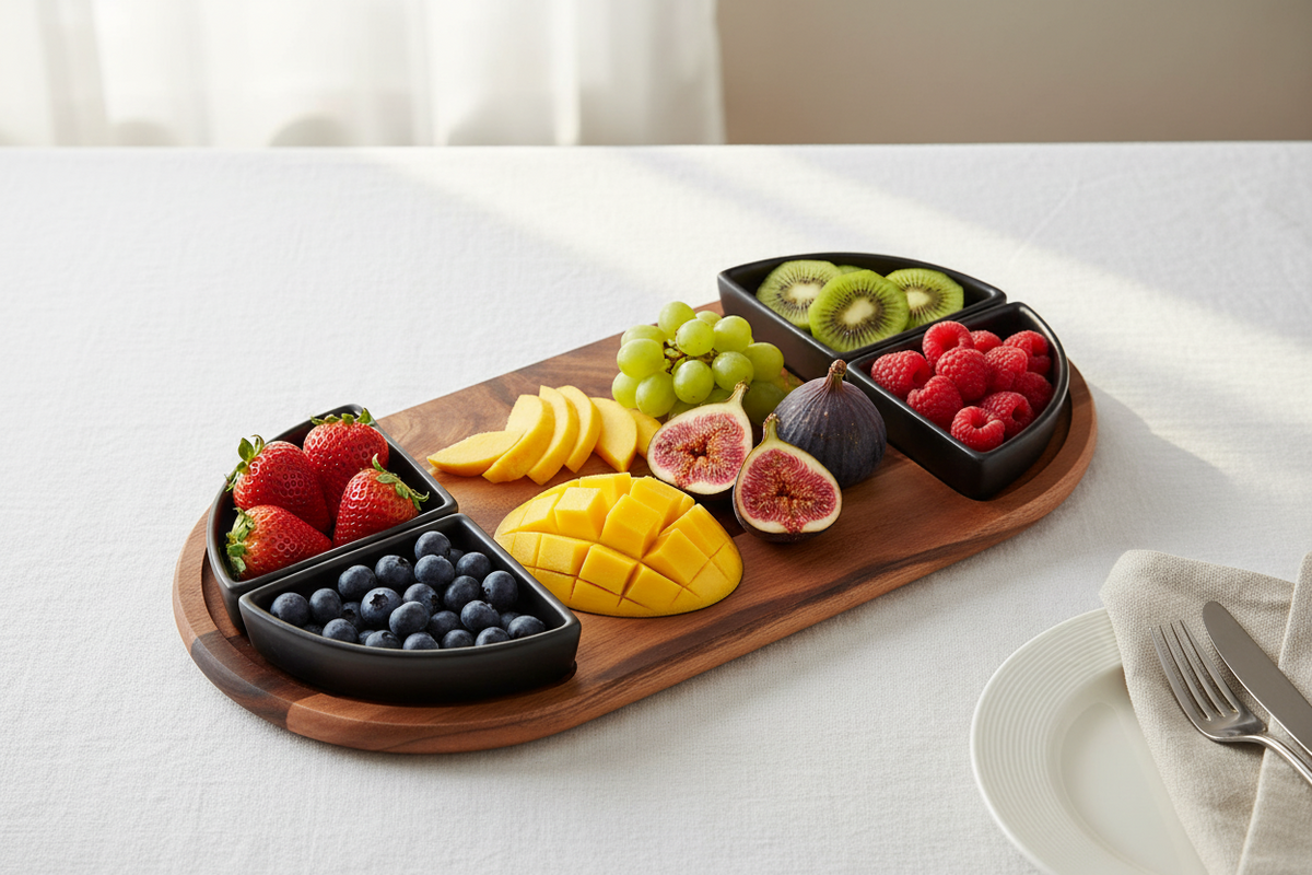 Oval Acacia Wood Serving Board with 4 Ceramic Bowls | Black or White | Entertaining Set