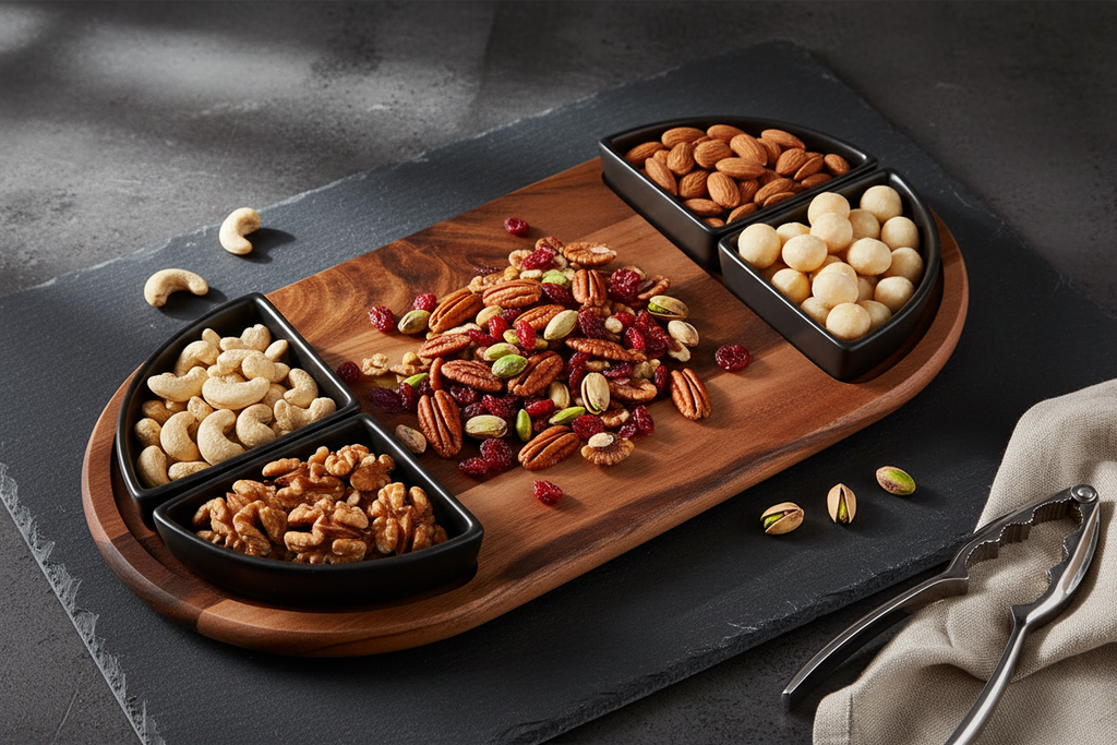 Oval Acacia Wood Serving Board with 4 Ceramic Bowls | Black or White | Entertaining Set