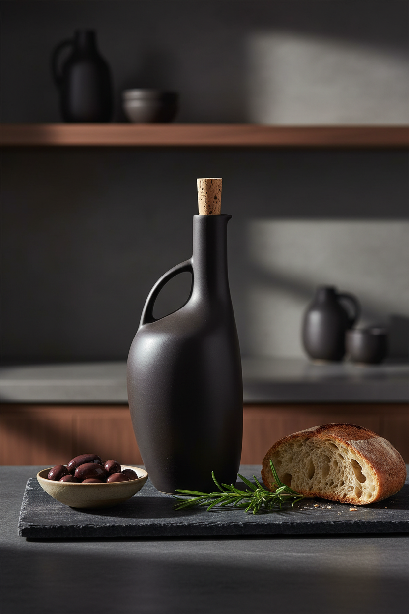 Canard Olive Oil Bottle | Handmade Stoneware | Cork Stopper | Tunisia | Matte Black & Linen