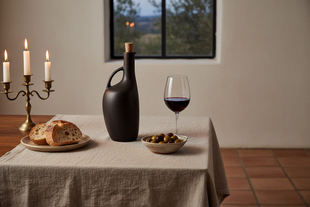 Canard Olive Oil Bottle | Handmade Stoneware | Cork Stopper | Tunisia | Matte Black & Linen