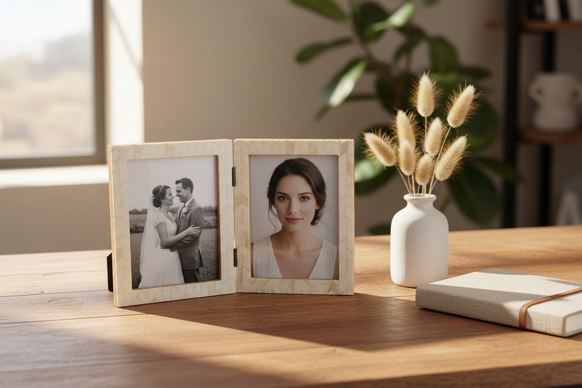 Double Hinged Photo Frame | Bone Inlay | 2×5"×7" | Matr Boomie