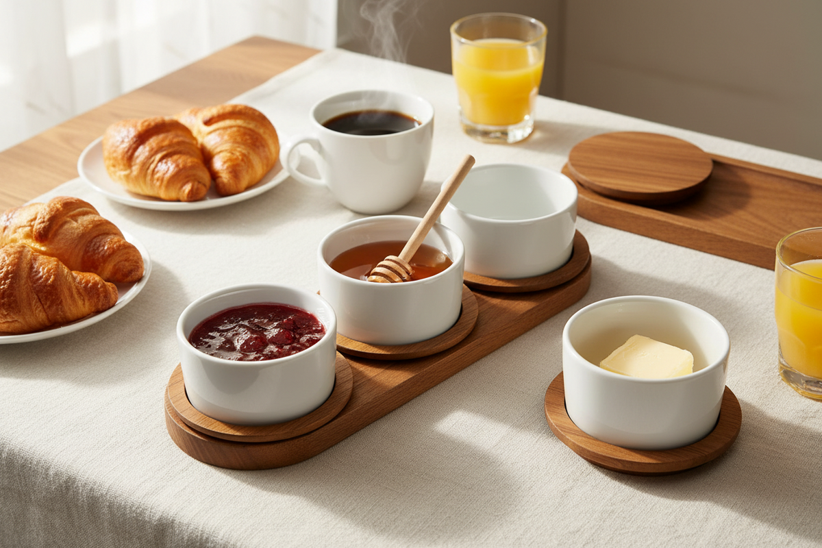 Acacia Wood Tray with 3 White Ceramic Bowls & Lids | Serving & Spice Set
