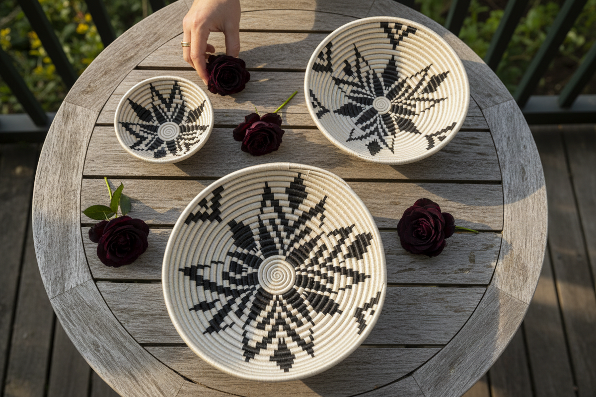 Boutique Cactus Blossom Woven Bowl | Black & White | S/M/L | Azizi Life | KORISSA