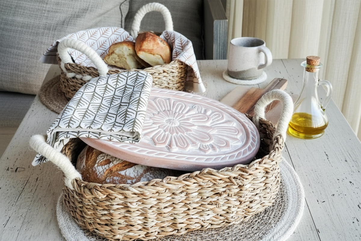 Terracotta Bread Warmer & Basket Gift Set with Tea Towel | Mandala Flower | KORISSA