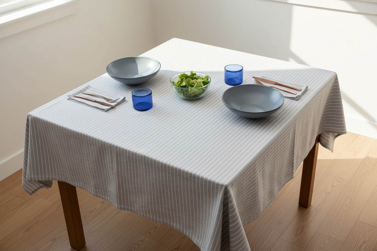 Grey Stripe Tablecloth | 62% Upcycled Cotton | Pinstripe | 3 Sizes | Grey Striped