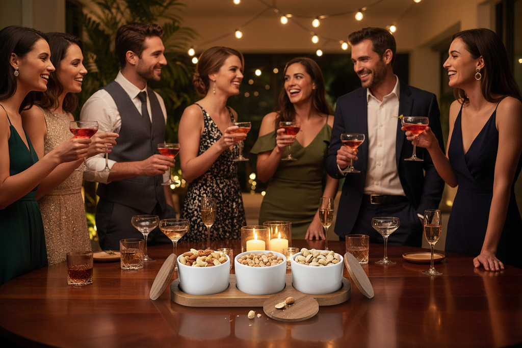 Acacia Wood Tray with 3 White Ceramic Bowls & Lids | Serving & Spice Set
