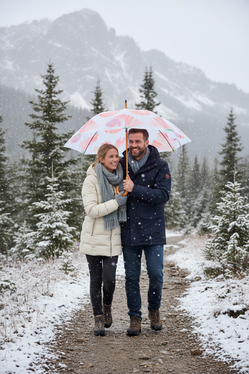 Hibiscus on Snow Umbrella | Large Storm Umbrella | Curved Wood Handle | India & Purry