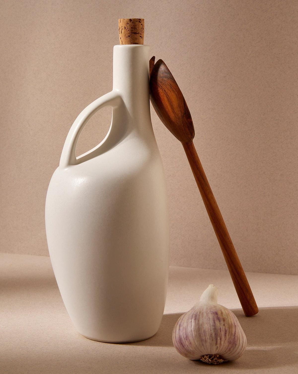 Canard Olive Oil Bottle | Handmade Stoneware | Cork Stopper | Tunisia | Matte Black & Linen