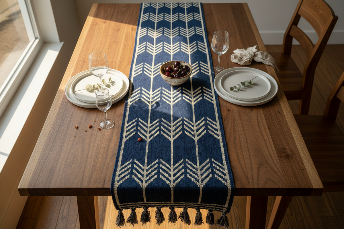 Handwoven Table Runner in Indigo Arrow | Backstrap Loom | Maya Artisans | MESO Goods