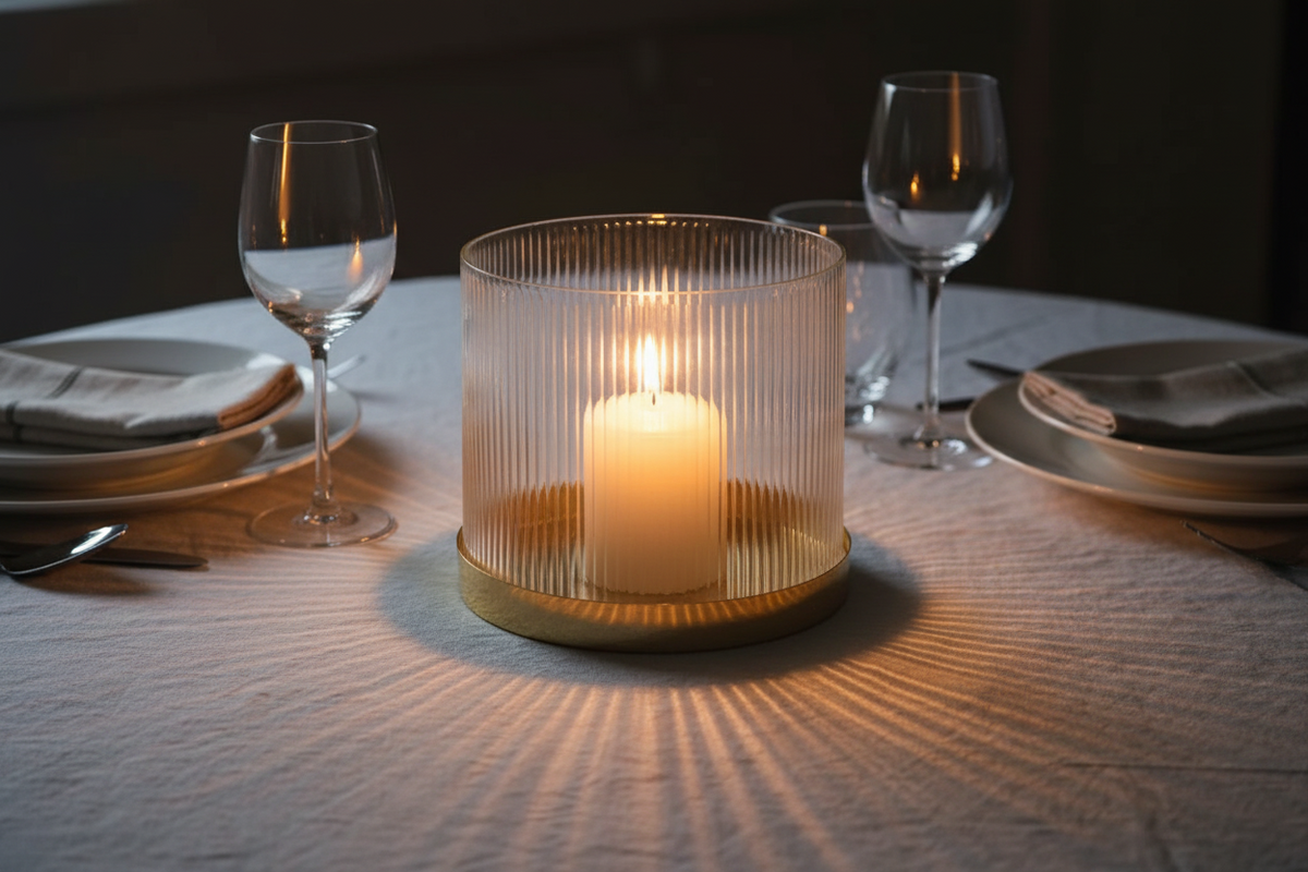 Fluted Glass Vase & Candle Holder with Brass Base | Hand-Blown | Fleck India
