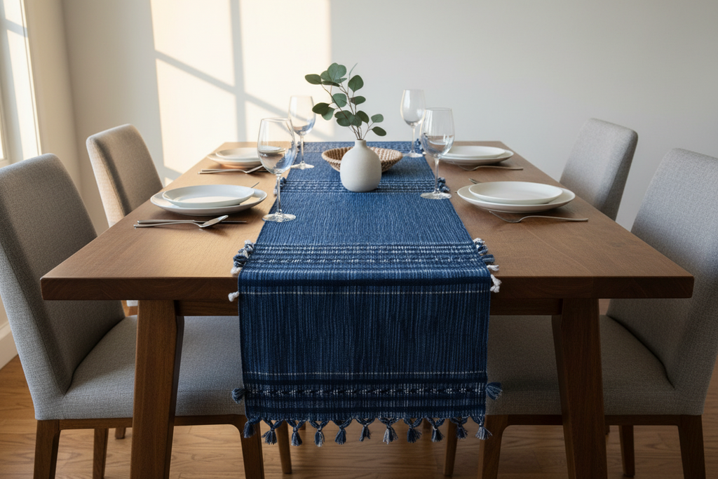 Indigo Handwoven Table Runner with Tassels | Natural Dye | MESO Goods