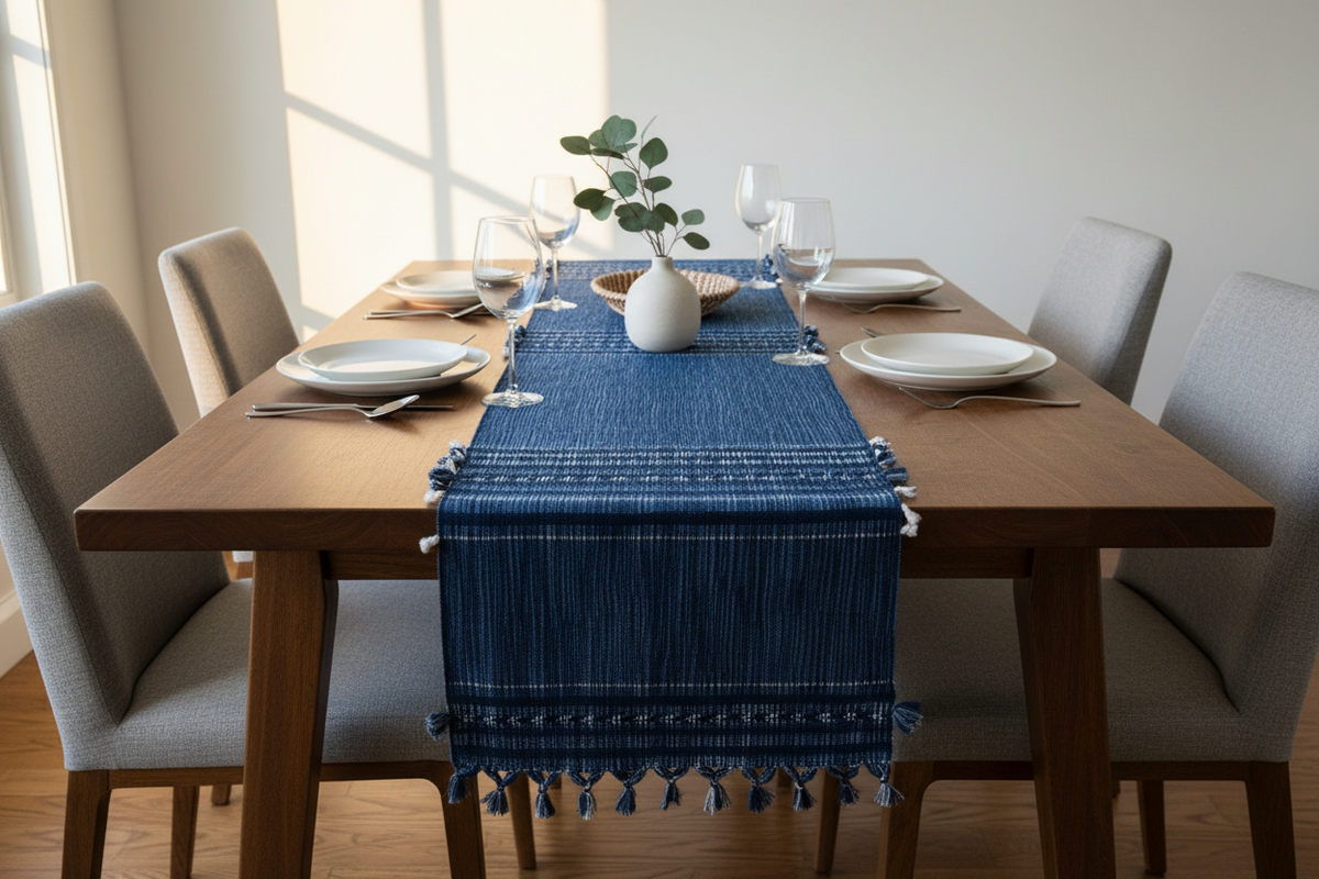 Indigo Handwoven Table Runner with Tassels | Natural Dye | MESO Goods