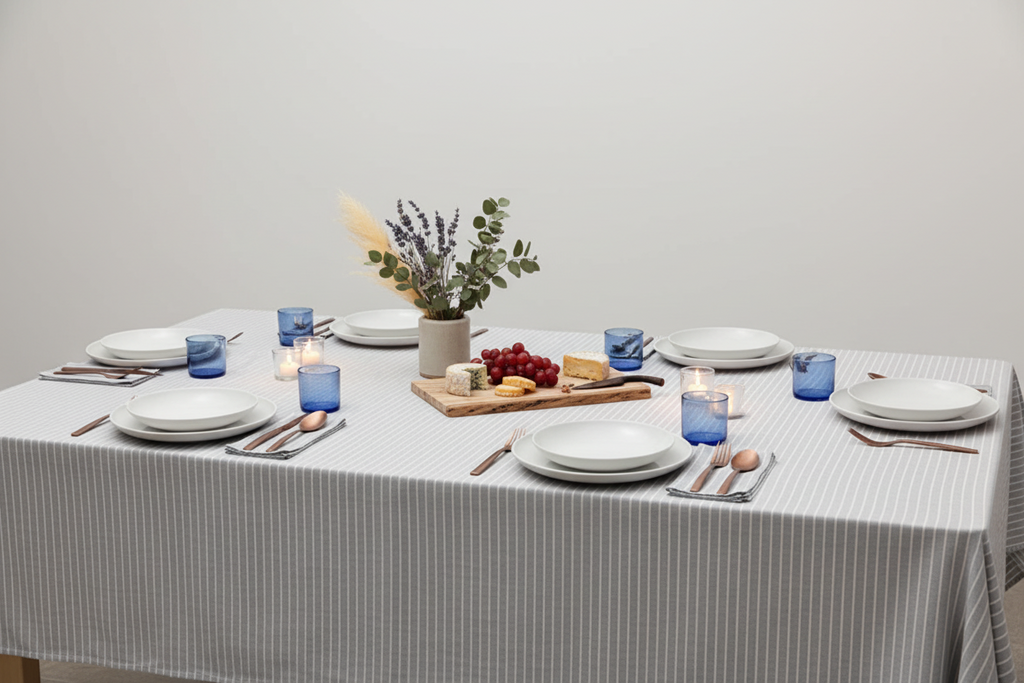Grey Stripe Tablecloth | 62% Upcycled Cotton | Pinstripe | 3 Sizes | Grey Striped