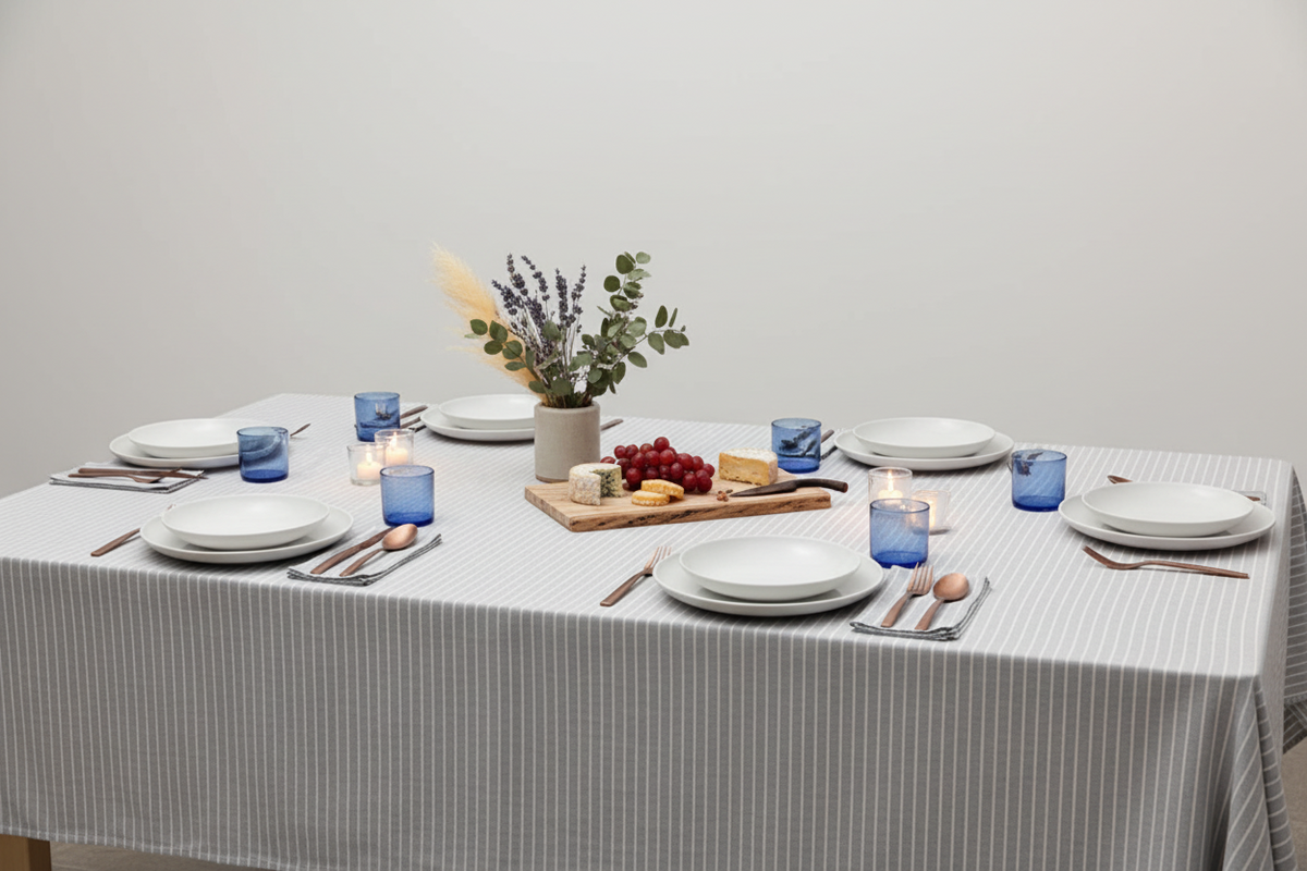 Grey Stripe Tablecloth | 62% Upcycled Cotton | Pinstripe | 3 Sizes | Grey Striped