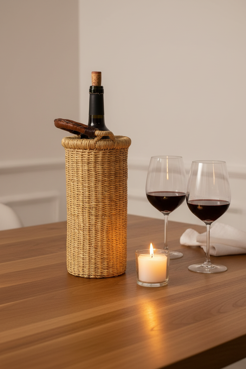 The Astoria Vase & Wine Holder | Handwoven Straw | Leather Handle | Sonder & Holliday
