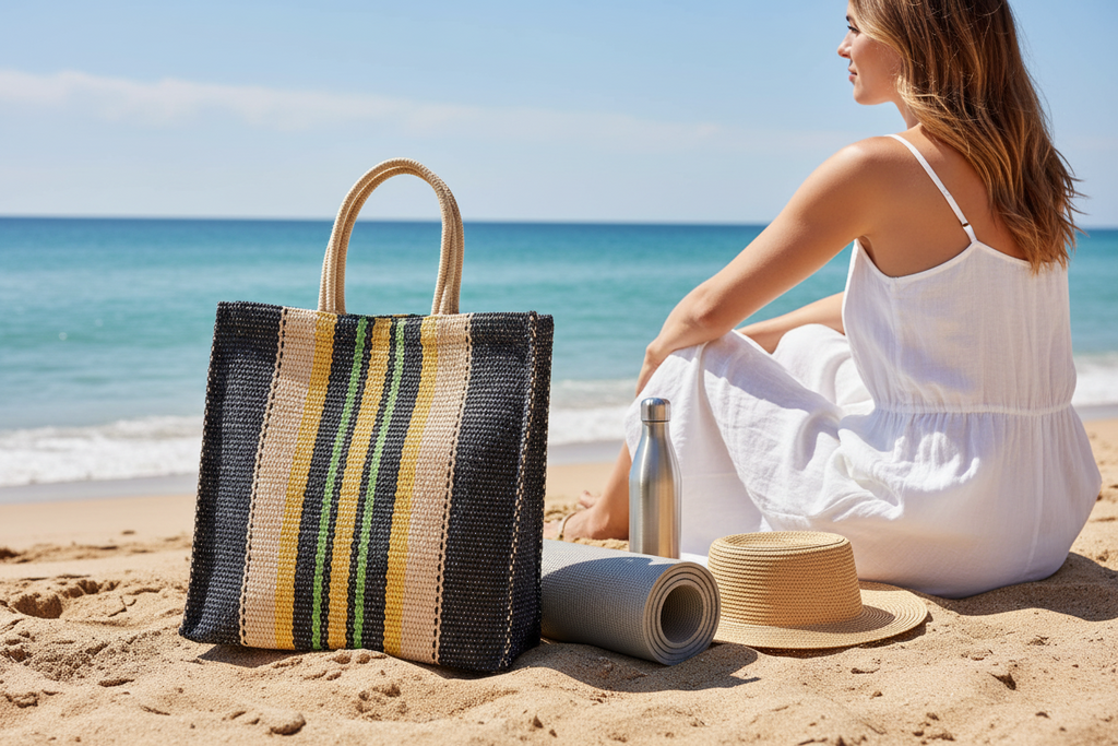 Dora Woven Jute Tote Bag | Multi Navy Stripe | KORISSA