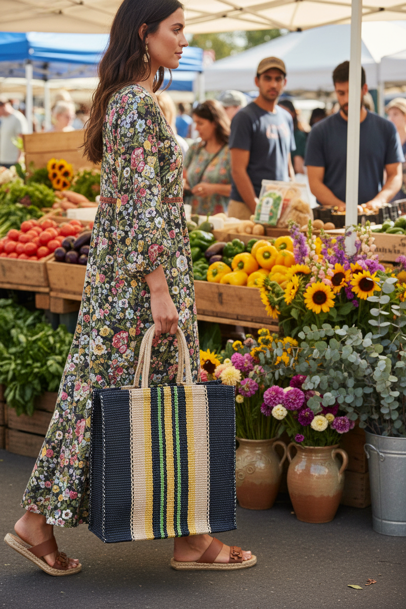 Dora Woven Jute Tote Bag | Multi Navy Stripe | KORISSA