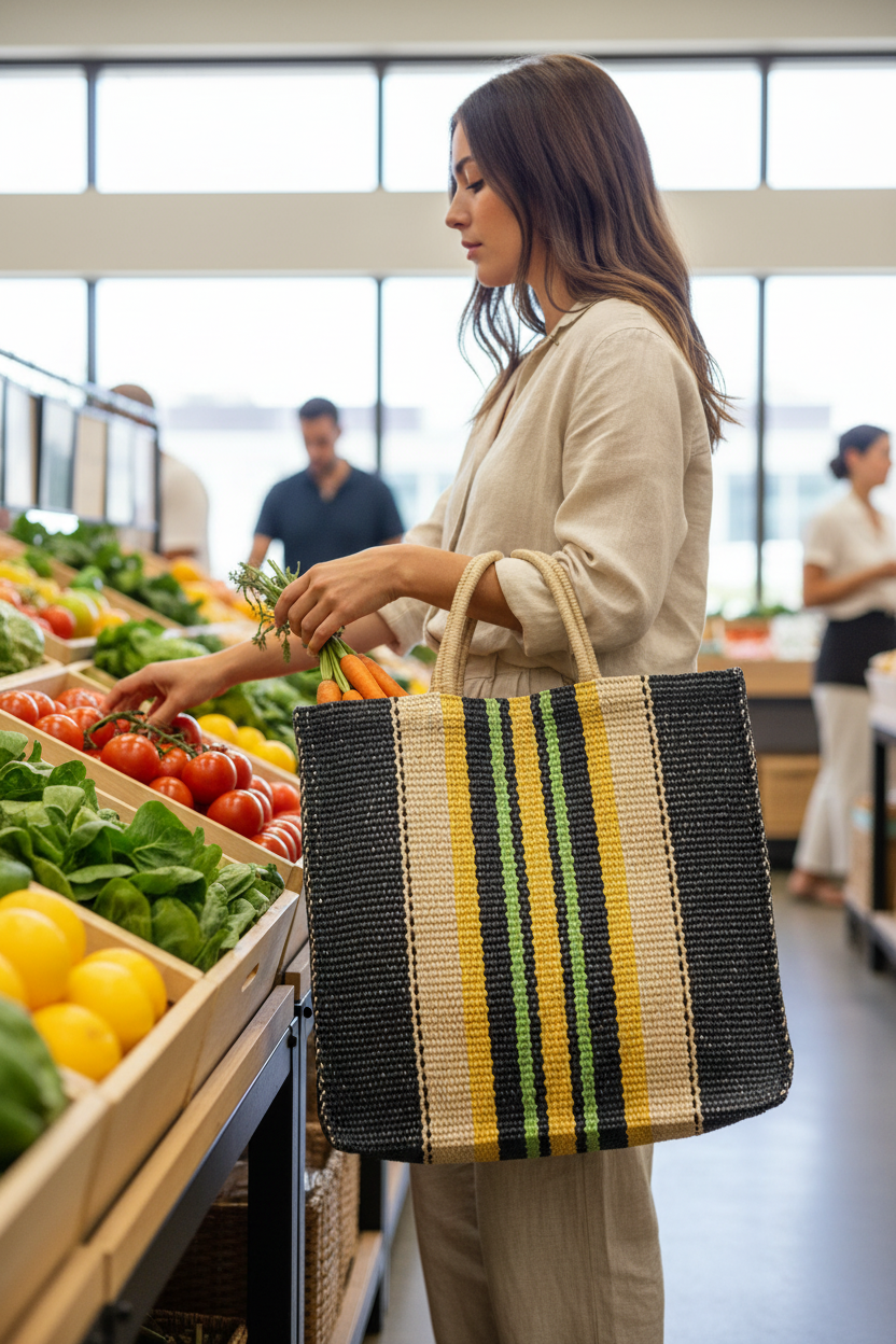 Dora Woven Jute Tote Bag | Multi Navy Stripe | KORISSA