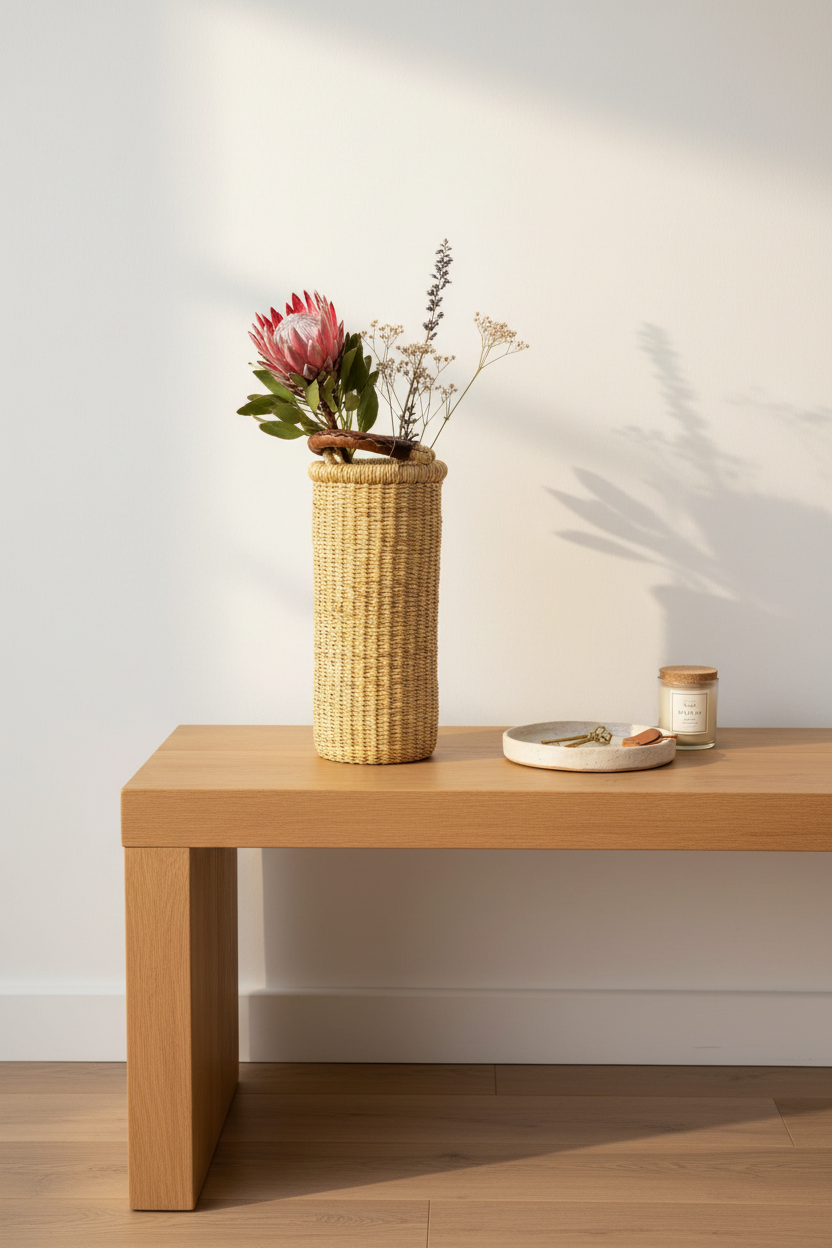 The Astoria Vase & Wine Holder | Handwoven Straw | Leather Handle | Sonder & Holliday