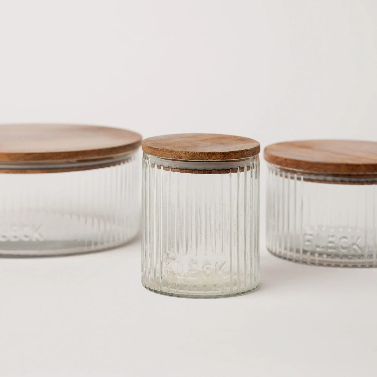 Fluted Glass Storage Jars with Acacia Lids | Set of 3 | Fleck India