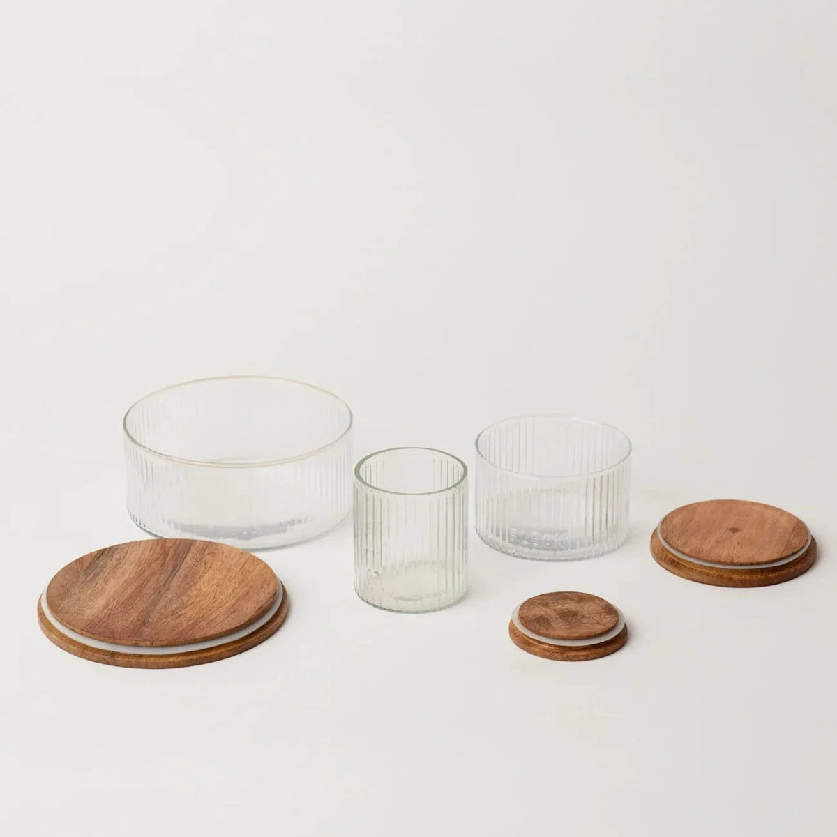 Fluted Glass Storage Jars with Acacia Lids | Set of 3 | Fleck India