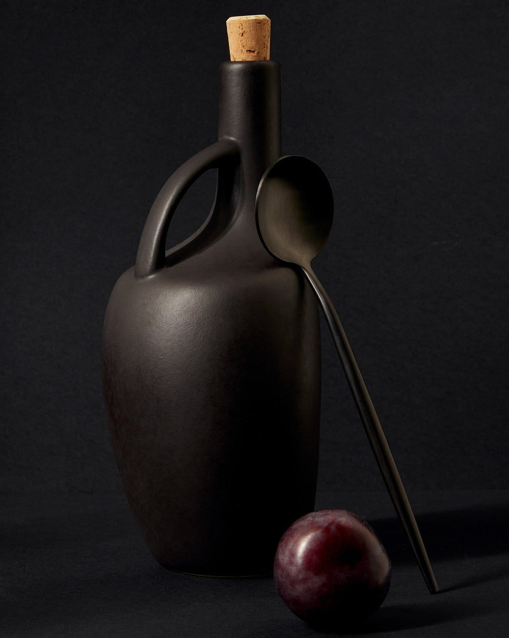 Canard Olive Oil Bottle | Handmade Stoneware | Cork Stopper | Tunisia | Matte Black & Linen