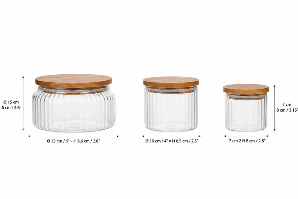 Fluted Glass Storage Jars with Acacia Lids | Set of 3 | Fleck India