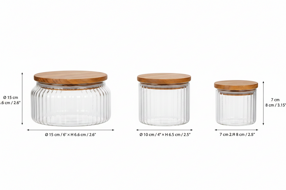 Fluted Glass Storage Jars with Acacia Lids | Set of 3 | Fleck India