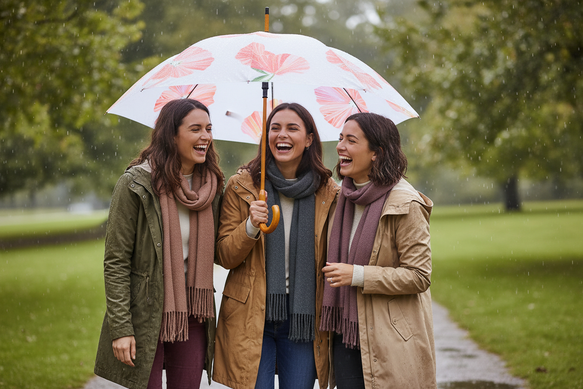 Hibiscus on Snow Umbrella | Large Storm Umbrella | Curved Wood Handle | India & Purry