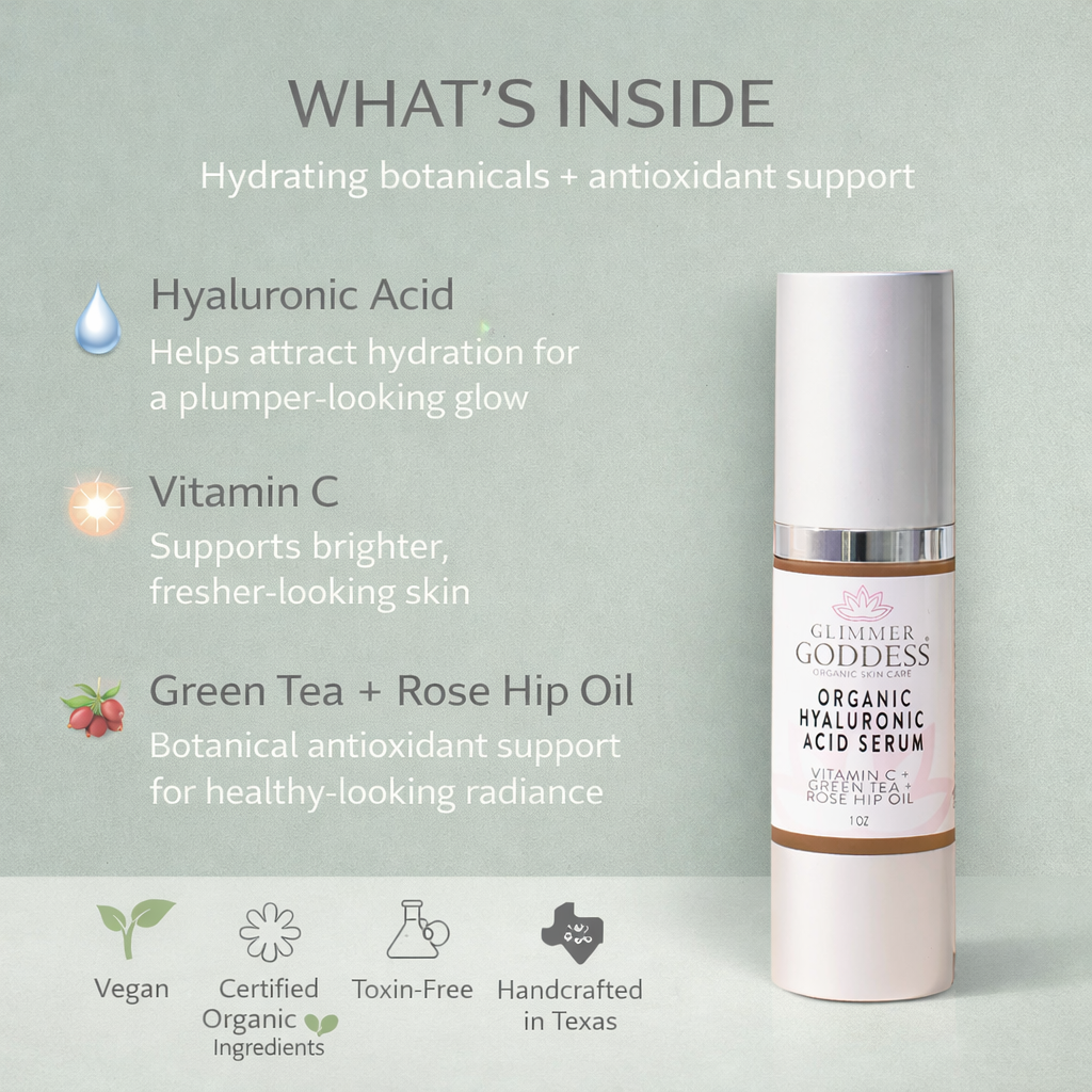 Glimmer Goddess Organic Hyaluronic Acid Serum | Vitamin C + Rosehip Oil | 1 oz
