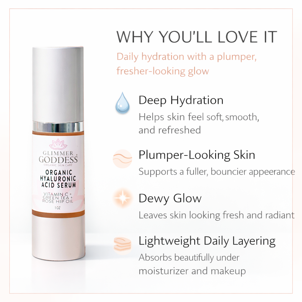 Glimmer Goddess Organic Hyaluronic Acid Serum | Vitamin C + Rosehip Oil | 1 oz