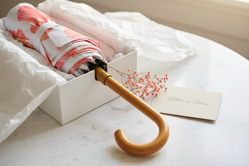 Hibiscus on Snow Umbrella | Large Storm Umbrella | Curved Wood Handle | India & Purry
