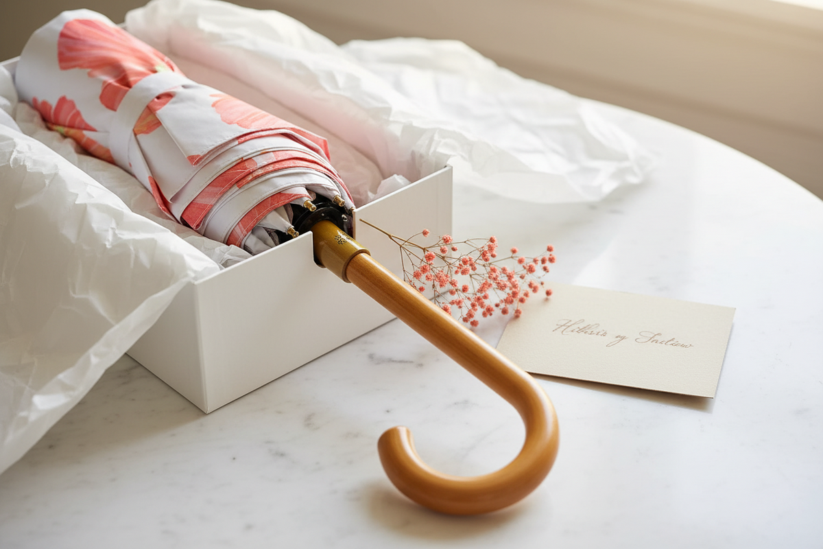 Hibiscus on Snow Umbrella | Large Storm Umbrella | Curved Wood Handle | India & Purry