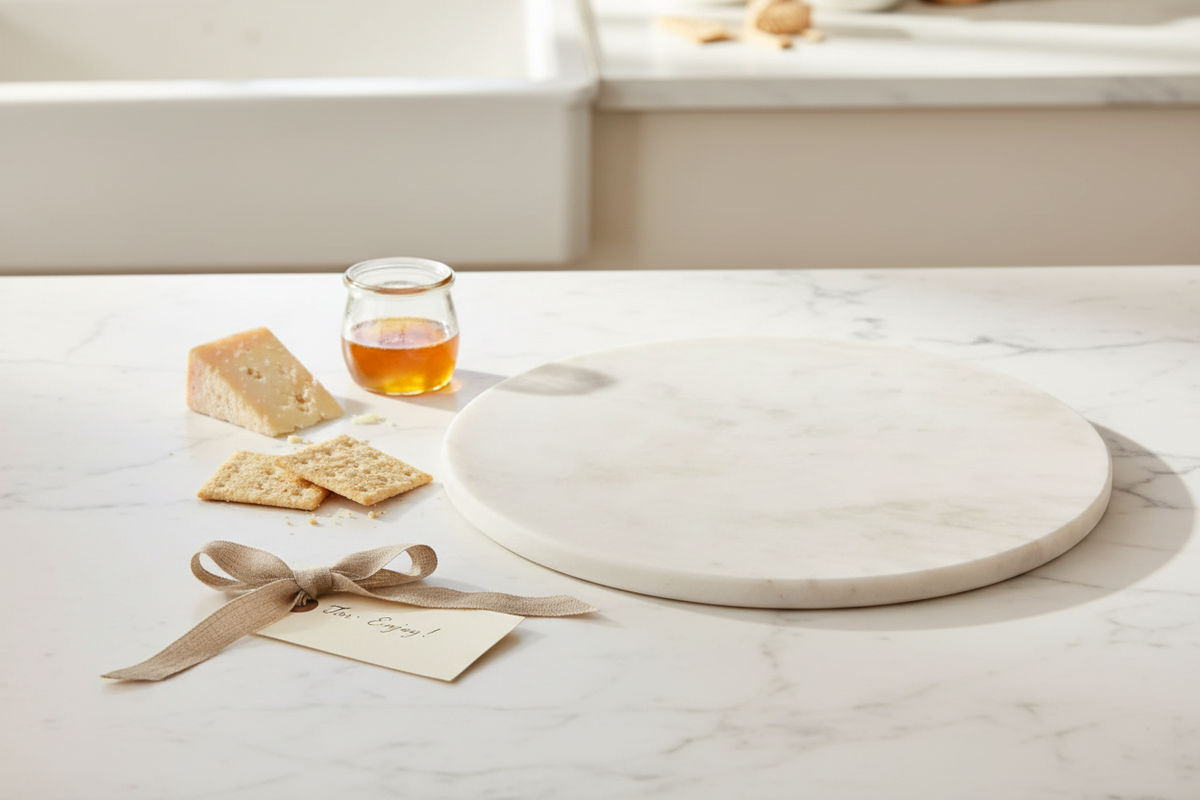 Round White Marble Serving Platter | 12.75" | Hand-Carved | Fleck