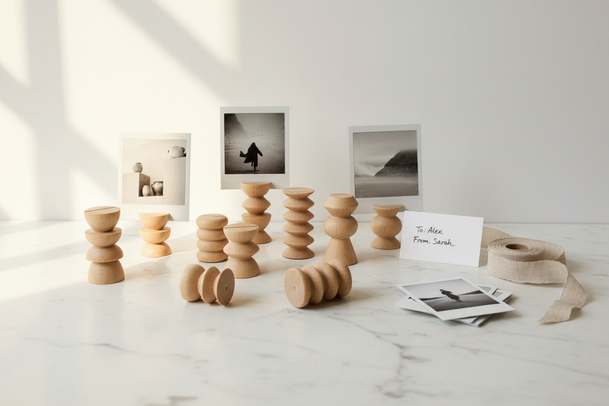 Totem Family | 10-Piece Picture & Postcard Stand Set | Turned Wood | 5mm Paper