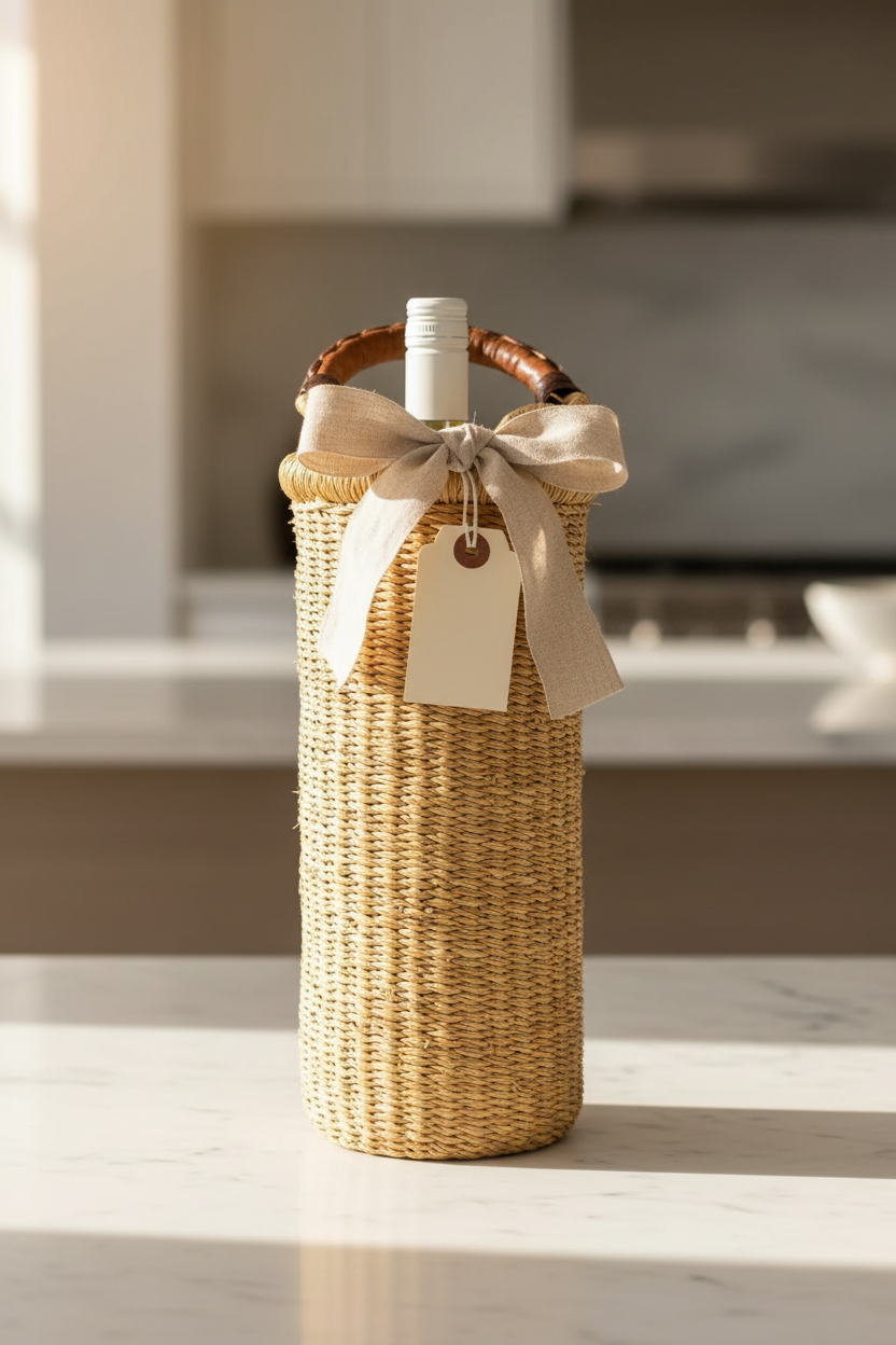 The Astoria Vase & Wine Holder | Handwoven Straw | Leather Handle | Sonder & Holliday
