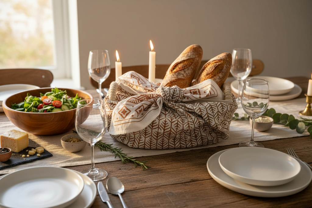 Terracotta Bread Warmer & Basket Gift Set with Tea Towel | Mandala Flower | KORISSA